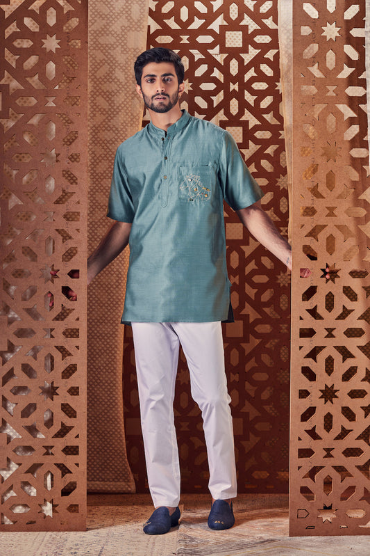 Men's Green Short Kurta with Pant - Set of 2 by Charkhee with Chanderi, Cotton, Embroidered, Ethnic Wear, For Him, Green, Kurta Pant Sets, Mens Co-ords, Menswear, Naayaab, Natural, Nayaab, Nayaab by Charkhee, Poplin, Relaxed Fit, Short kurta Set at Kamakhyaa for sustainable fashion