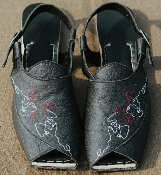 Shoes-Charcoal Peshawaris by Sole Stories with Ankle Loop, Black, Casual Wear, Embroidered, Faux leather, Natural, Open Toes, Recycled, Regular Fit, Square toe, Upcycled, Upcycled Rubber Tyres at Kamakhyaa for sustainable fashion