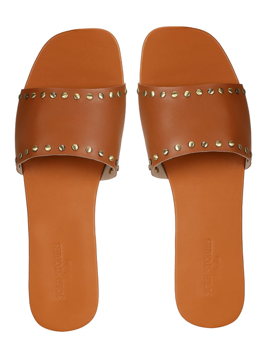 Flats-Rivet Sliders Tan by Sole Stories with Brown, Casual Wear, Faux Leather, Flats, Mules, Open Toes, Slip Ons, Solids, Upcycled, Vegan at Kamakhyaa for sustainable fashion