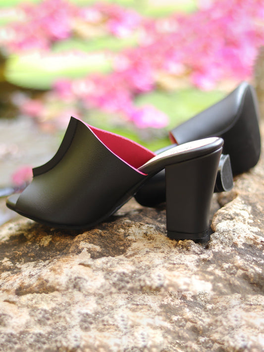 Heels-Two Toned Mules Black by Sole Stories with Black, Casual Wear, Faux Leather, Festive Wear, Mules, Natural, Open Toes, Slip Ons, Solids, Upcycled, Vegan at Kamakhyaa for sustainable fashion