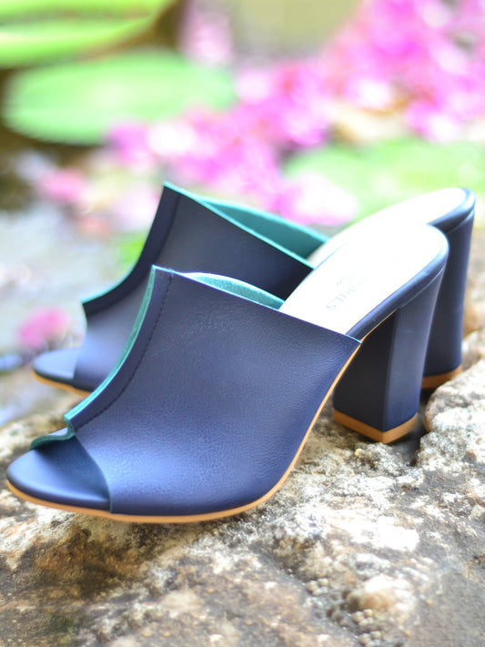 Heels-Two Toned Mules Blue by Sole Stories with Blue, Casual Wear, Faux Leather, Festive Wear, For Bachelorette, Mules, Natural, Open Toes, Slip Ons, Solids, Upcycled, Vegan at Kamakhyaa for sustainable fashion