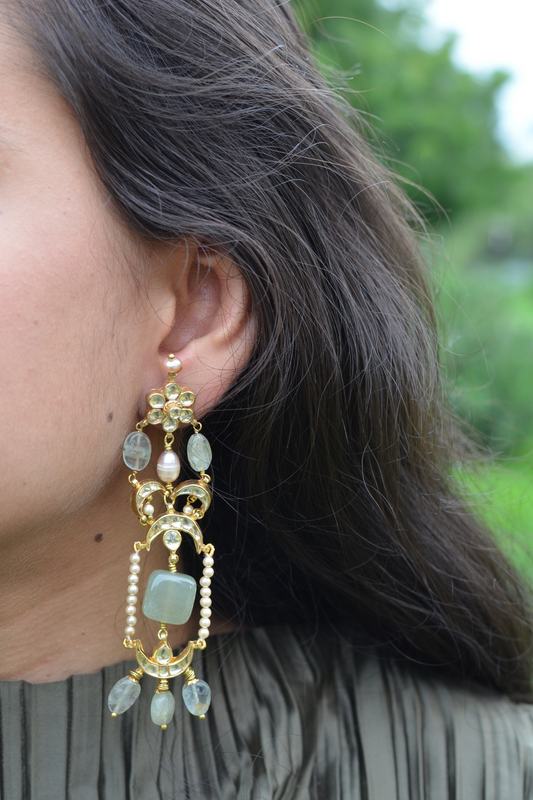 Ardh Chaandi Earrings by House Of Heer with Alloy Metal, Brass, Earrings, Festive Jewellery, Festive Wear, Free Size, Gemstone, Gold, Green, Handcrafted Jewellery, jewelry, July Sale, July Sale 2023, Long Earrings, Natural, Pearl, Polkis, Textured, Vaaruni Gold, White at Kamakhyaa for sustainable fashion