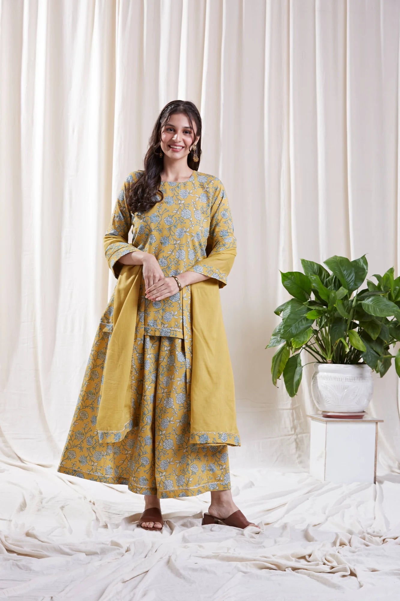 Kavya Yellow Kurta Set by Hasttvam with Cotton, Festive Wear, Floral, Natural dyes, Respondible production and Vegan, Yellow at Kamakhyaa for sustainable fashion