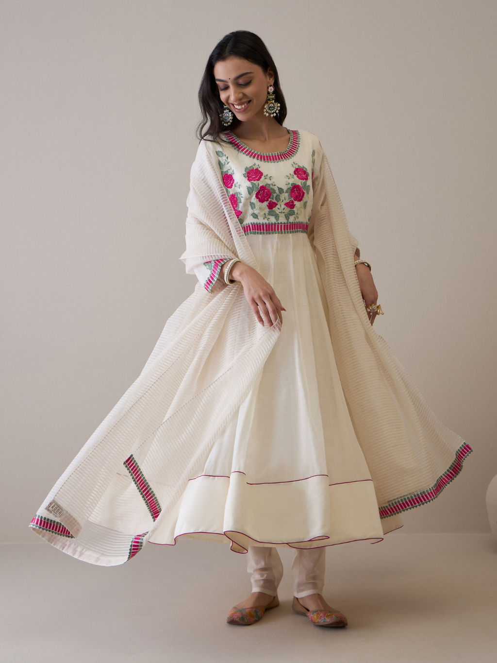 Off White Floral Embroidered Anarkali Kurta Set with dupatta by RoohbyRidhimaa with Avani by RoohbyRidhimaa, Chanderi Silk, Ethnic Wear, Kurta Set with Dupattas, Pure Silk Chanderi, Regular Fit, Resham Embroidered, Silk Chanderi, Toxin free, White at Kamakhyaa for sustainable fashion