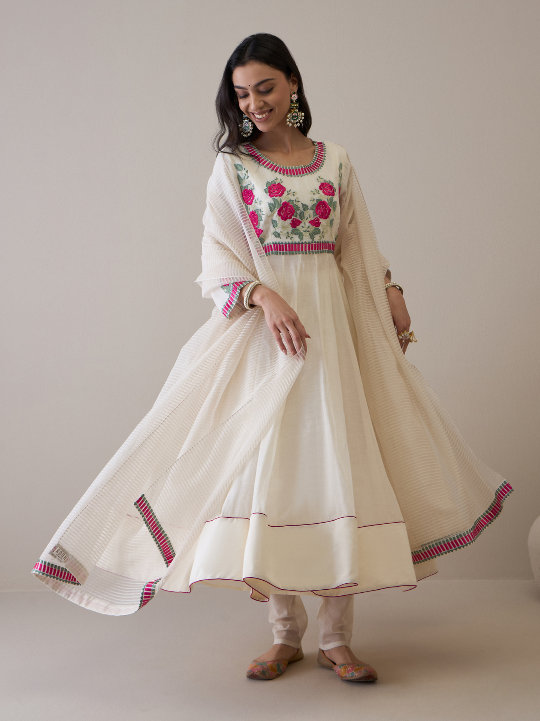 Off White Floral Embroidered Anarkali Kurta Set with dupatta by RoohbyRidhimaa with Avani by RoohbyRidhimaa, Chanderi Silk, Ethnic Wear, Kurta Set with Dupattas, Pure Silk Chanderi, Regular Fit, Resham Embroidered, Silk Chanderi, Toxin free, White at Kamakhyaa for sustainable fashion
