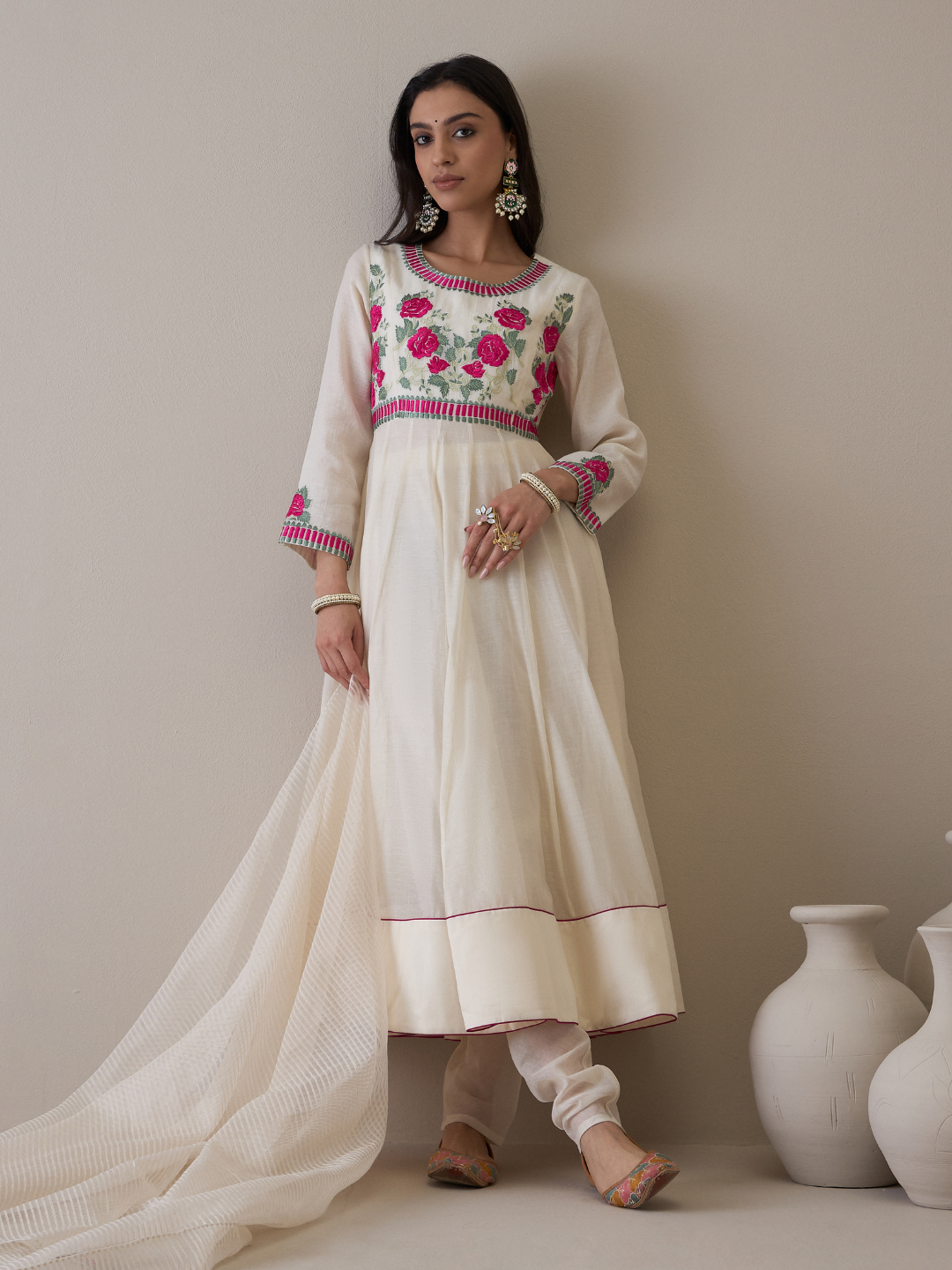 Off White Floral Embroidered Anarkali Kurta Set with dupatta by RoohbyRidhimaa with Avani by RoohbyRidhimaa, Chanderi Silk, Ethnic Wear, Kurta Set with Dupattas, Pure Silk Chanderi, Regular Fit, Resham Embroidered, Silk Chanderi, Toxin free, White at Kamakhyaa for sustainable fashion