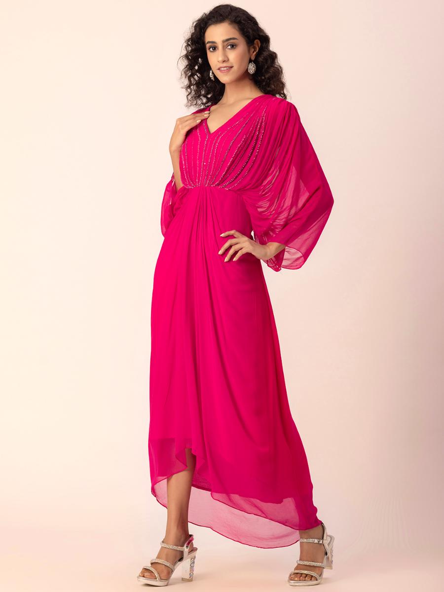 Georgette Red Drape Dress by Ewoke with Draped Dress, Formal wear, Georgette, Nostalgia's Thread by Ewoke, Red, red dress, sustainable fashion at Kamakhyaa for sustainable fashion