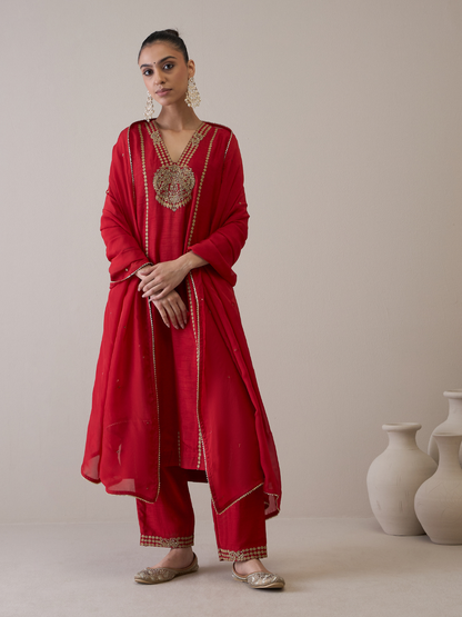 Red Party Wear Hand Embroidered Kurta Set with dupatta by RoohbyRidhimaa with Avani by RoohbyRidhimaa, Dori Embroidery, Kurta Set with Dupattas, Party Wear, Red, Regular Fit, Silk Organza, Toxin free, Viscose Raw Silk at Kamakhyaa for sustainable fashion