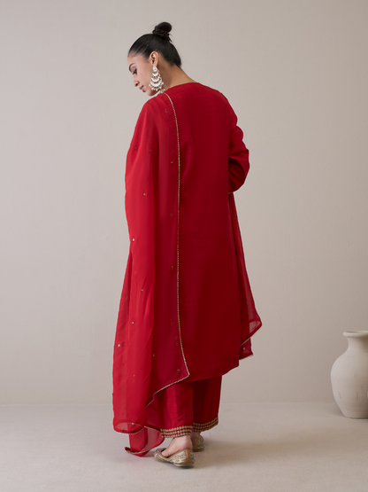 Red Party Wear Hand Embroidered Kurta Set with dupatta by RoohbyRidhimaa with Avani by RoohbyRidhimaa, Dori Embroidery, Kurta Set with Dupattas, Party Wear, Red, Regular Fit, Silk Organza, Toxin free, Viscose Raw Silk at Kamakhyaa for sustainable fashion