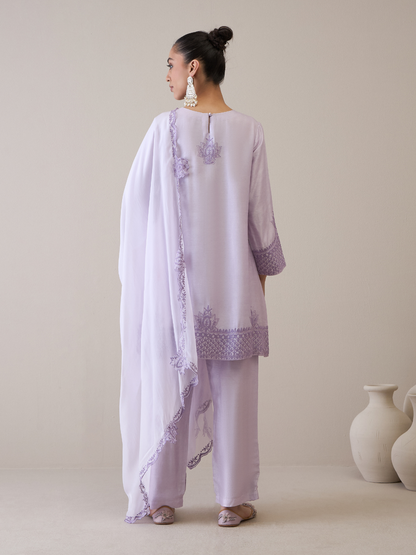 Purple Boat Neck Kurta Set with dupatta by RoohbyRidhimaa with Avani by RoohbyRidhimaa, Ethnic Wear, Kurta Set with Dupattas, Purple, Relaxed Fit, Resham Embroidered, Silk Organza, Toxin free, Viscose Raw Silk at Kamakhyaa for sustainable fashion