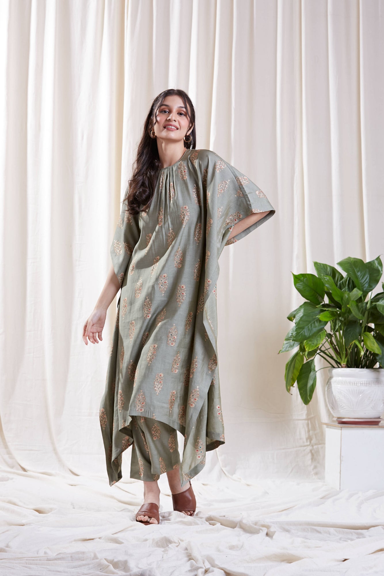 Reha Green Kaftan set by My Store with Festive wear, Floral Kurta set, Kaftan Set at Kamakhyaa for sustainable fashion