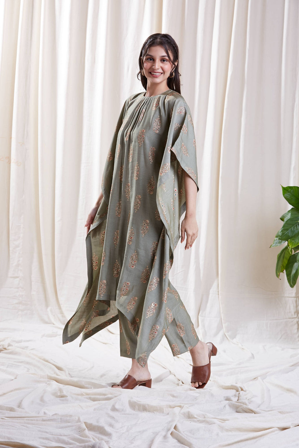 Reha Green Kaftan set by My Store with Festive wear, Floral Kurta set, Kaftan Set at Kamakhyaa for sustainable fashion