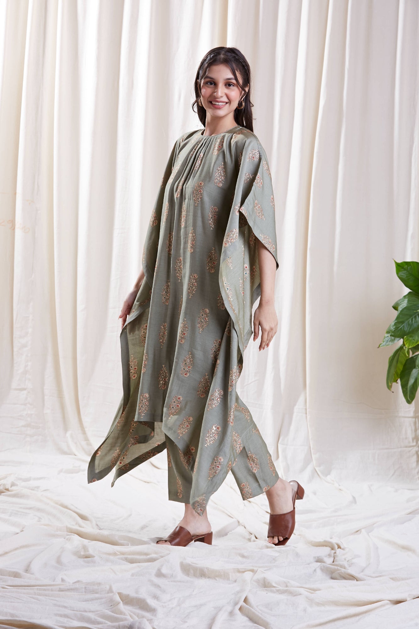 Reha Green Kaftan set by My Store with Festive wear, Floral Kurta set, Kaftan Set at Kamakhyaa for sustainable fashion