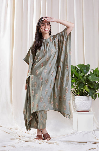 Reha Green Kaftan set by My Store with Festive wear, Floral Kurta set, Kaftan Set at Kamakhyaa for sustainable fashion