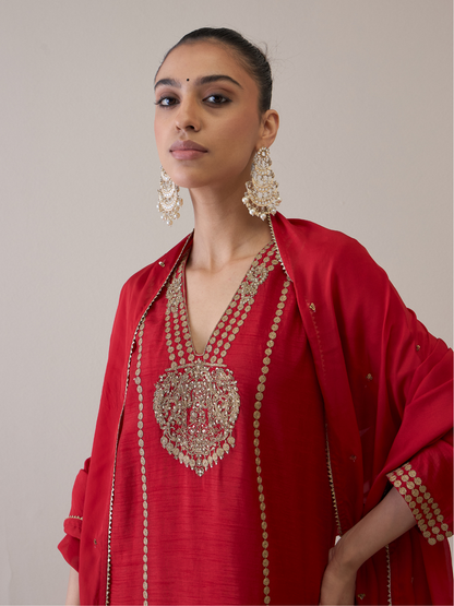 Red Party Wear Hand Embroidered Kurta Set with dupatta by RoohbyRidhimaa with Avani by RoohbyRidhimaa, Dori Embroidery, Kurta Set with Dupattas, Party Wear, Red, Regular Fit, Silk Organza, Toxin free, Viscose Raw Silk at Kamakhyaa for sustainable fashion