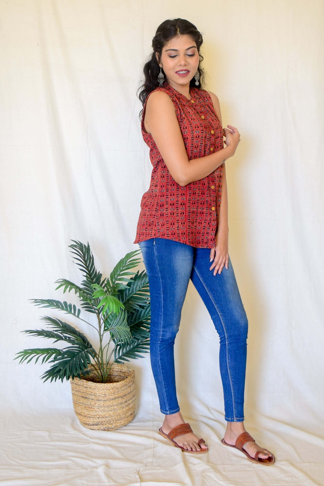 Red Ajrakh Kala Cotton Sleeveless top by My Store with ajrakh shirt, ajrakh top, kala cotton, red top at Kamakhyaa for sustainable fashion