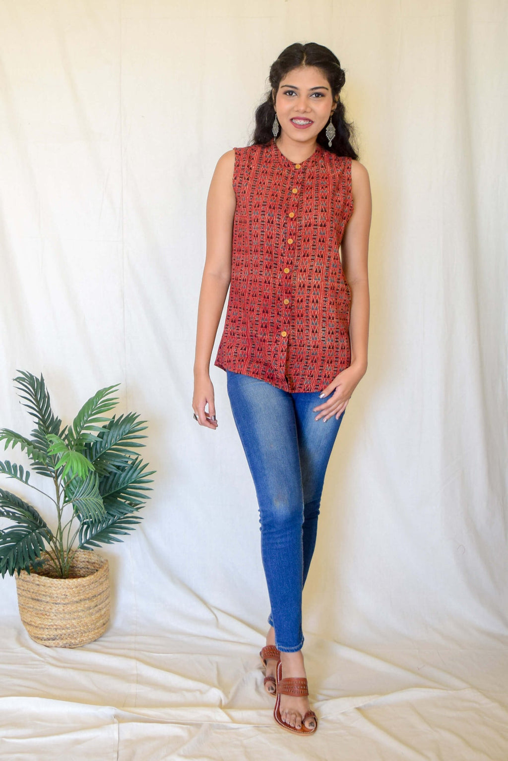 Red Ajrakh Kala Cotton Sleeveless top by My Store with ajrakh shirt, ajrakh top, kala cotton, red top at Kamakhyaa for sustainable fashion