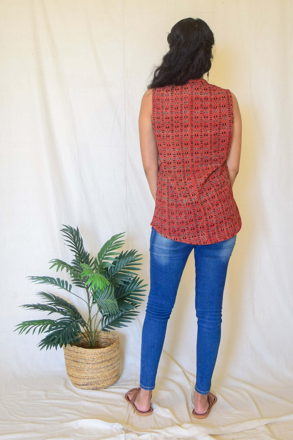 Red Ajrakh Kala Cotton Sleeveless top by My Store with ajrakh shirt, ajrakh top, kala cotton, red top at Kamakhyaa for sustainable fashion