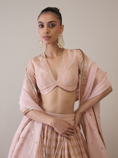 Chanderi Silk Gota Embroidered Lehenga Set by RoohbyRidhimaa with Avani by RoohbyRidhimaa, Chanderi Silk, Free Size, Gotta Embroidery, Lehenga Sets, Party Wear, Pink, Sequin Embroidered, Silk Chanderi, Silk Organza, Toxin free at Kamakhyaa for sustainable fashion