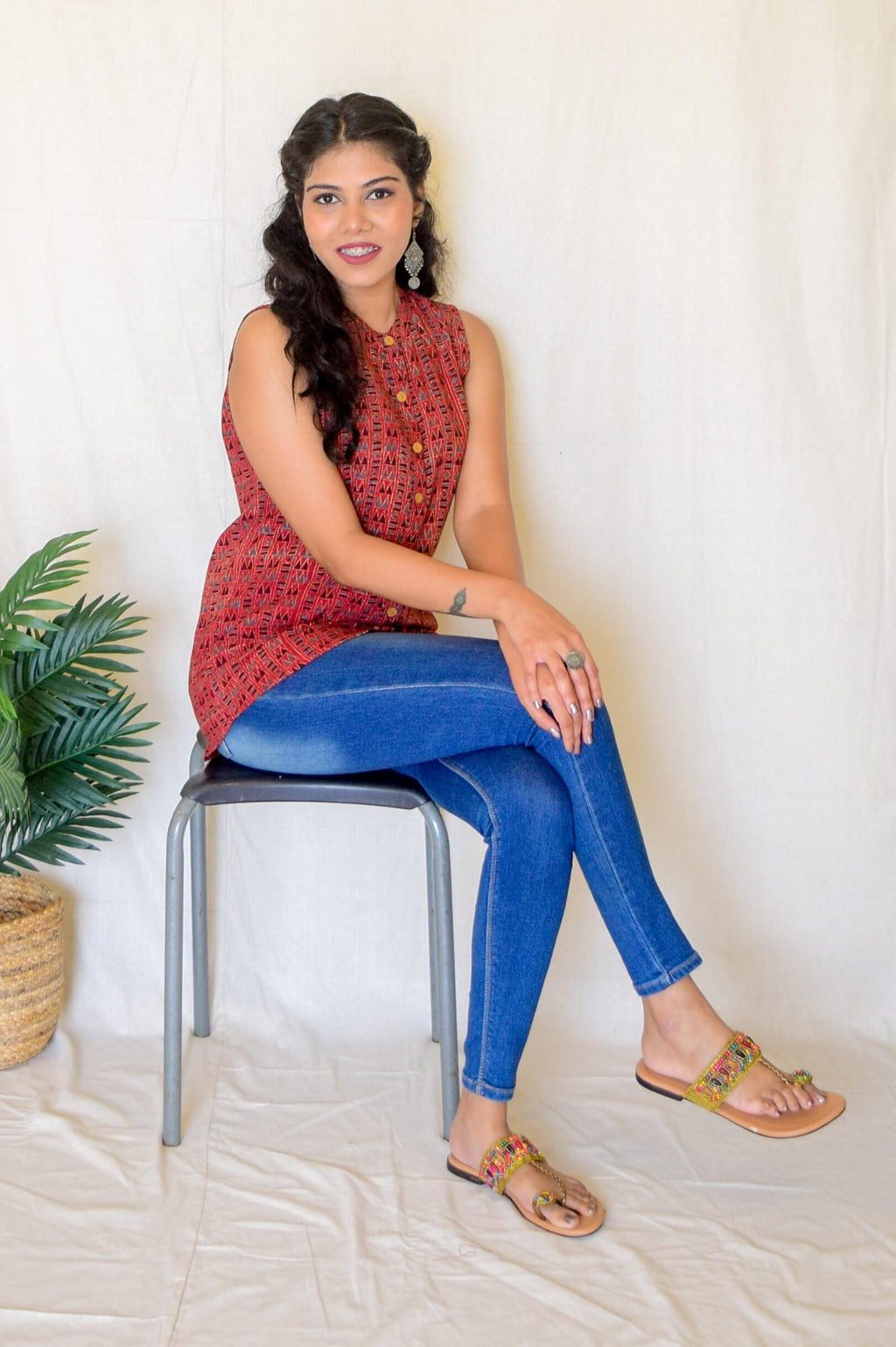 Red Ajrakh Kala Cotton Sleeveless top by My Store with ajrakh shirt, ajrakh top, kala cotton, red top at Kamakhyaa for sustainable fashion