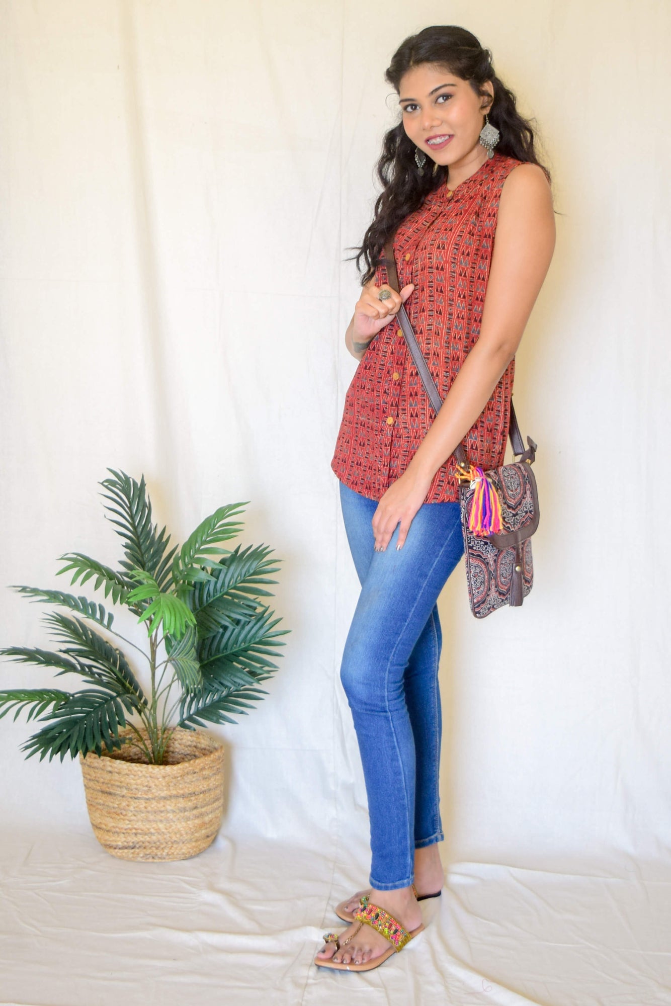 Red Ajrakh Kala Cotton Sleeveless top by My Store with ajrakh shirt, ajrakh top, kala cotton, red top at Kamakhyaa for sustainable fashion