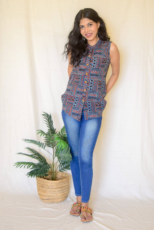 Indigo Ajrakh Cotton Sleeveless top by My Store with at Kamakhyaa for sustainable fashion