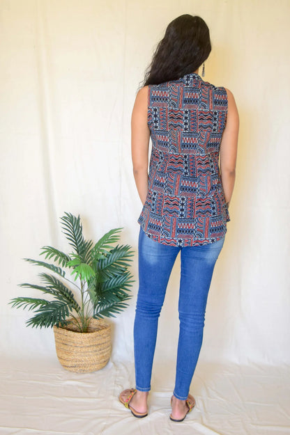 Indigo Sleeveless Top by Hasttvam with CottonPatternCasual WearIndigoHandmade by artisans, Natural dyes, Respondible production and Vegan at Kamakhyaa for sustainable fashion