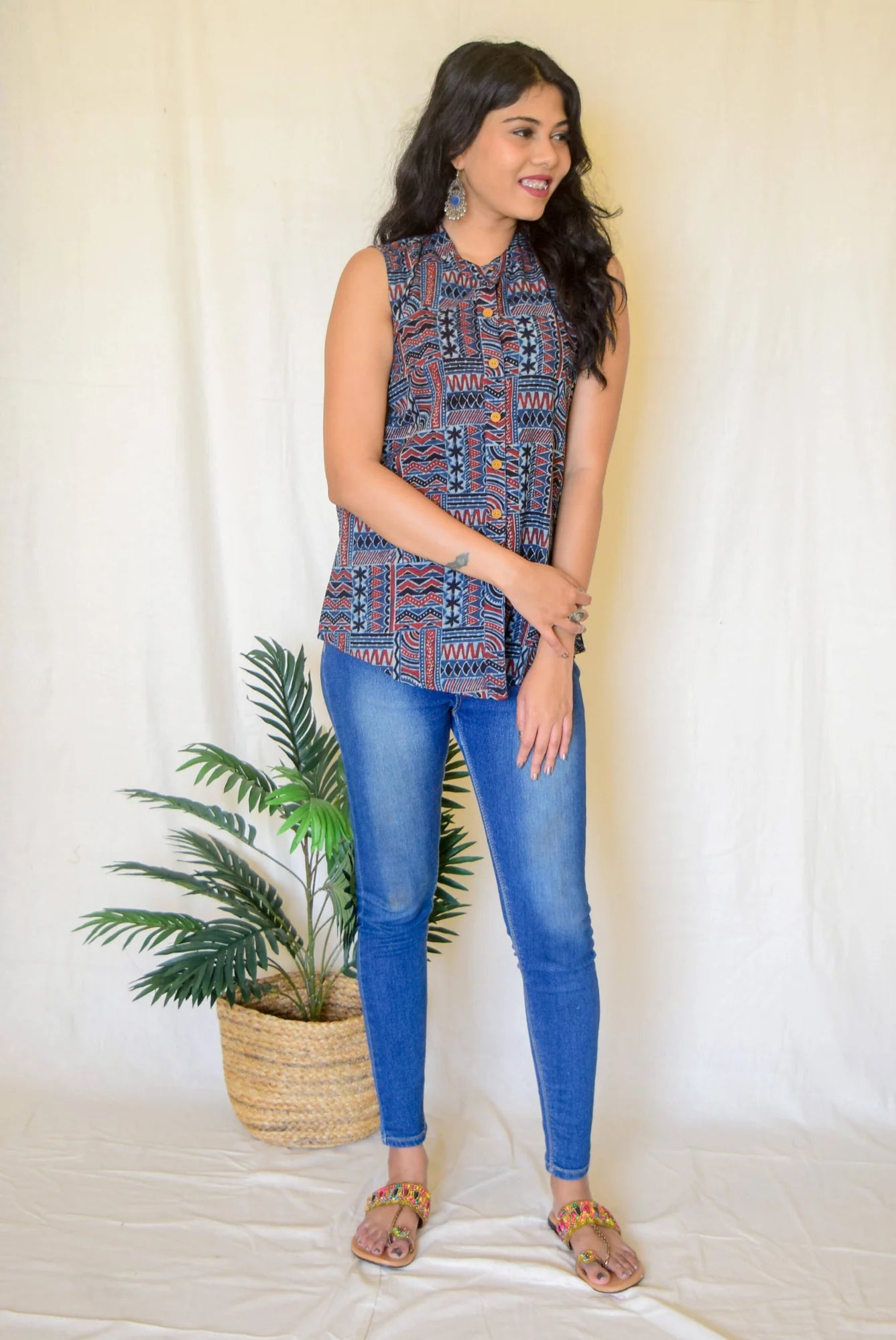 Indigo Sleeveless Top by Hasttvam with CottonPatternCasual WearIndigoHandmade by artisans, Natural dyes, Respondible production and Vegan at Kamakhyaa for sustainable fashion