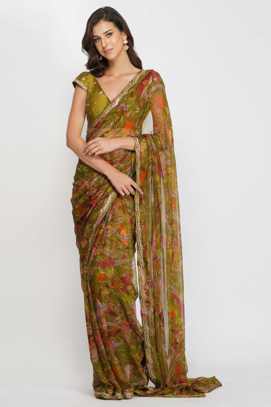 LEAF PRINT SAREE SET by devyanimehrotra.com with at Kamakhyaa for sustainable fashion