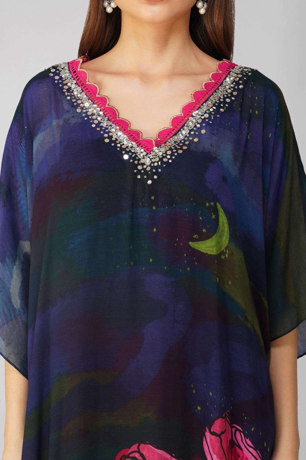 BIG FLOWER KAFTAN SET by devyanimehrotra.com with BEACH WEAR, KAFTAN DRESS, KAFTAN SETS, PRINTED KAFTAN, RESORT WEAR at Kamakhyaa for sustainable fashion