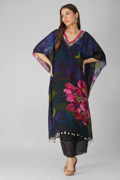 BIG FLOWER KAFTAN SET by devyanimehrotra.com with BEACH WEAR, KAFTAN DRESS, KAFTAN SETS, PRINTED KAFTAN, RESORT WEAR at Kamakhyaa for sustainable fashion