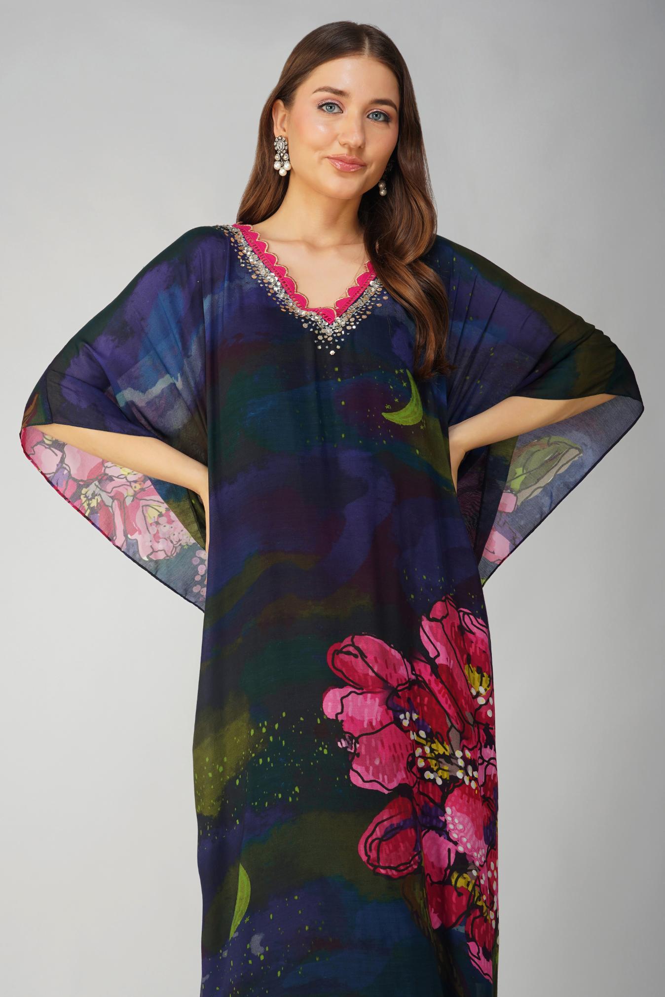 BIG FLOWER KAFTAN SET by devyanimehrotra.com with BEACH WEAR, KAFTAN DRESS, KAFTAN SETS, PRINTED KAFTAN, RESORT WEAR at Kamakhyaa for sustainable fashion