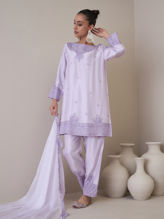 Purple Boat Neck Kurta Set with dupatta by RoohbyRidhimaa with Avani by RoohbyRidhimaa, Ethnic Wear, Kurta Set with Dupattas, Purple, Relaxed Fit, Resham Embroidered, Silk Organza, Toxin free, Viscose Raw Silk at Kamakhyaa for sustainable fashion