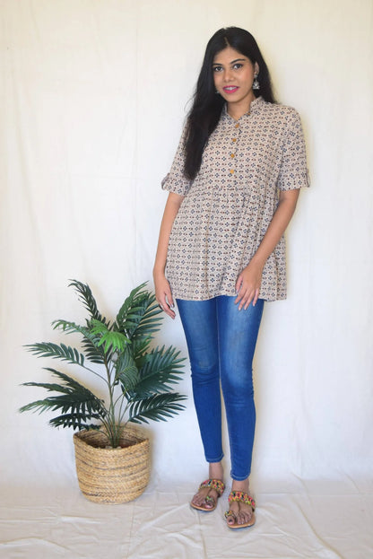 Beige Cotton Top by Hasttvam with CottonPatternCasual WearBeigeHandmade by artisans, Natural dyes, Respondible production and Vegan at Kamakhyaa for sustainable fashion