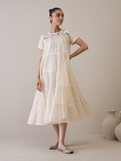 Resham Embroidered Organza Dress by RoohbyRidhimaa with Avani by RoohbyRidhimaa, Casual Wear, Handloom Silk Organza, Relaxed Fit, Resham Embroidered, Silk Organza, Tiered Dresses, Toxin free, White at Kamakhyaa for sustainable fashion