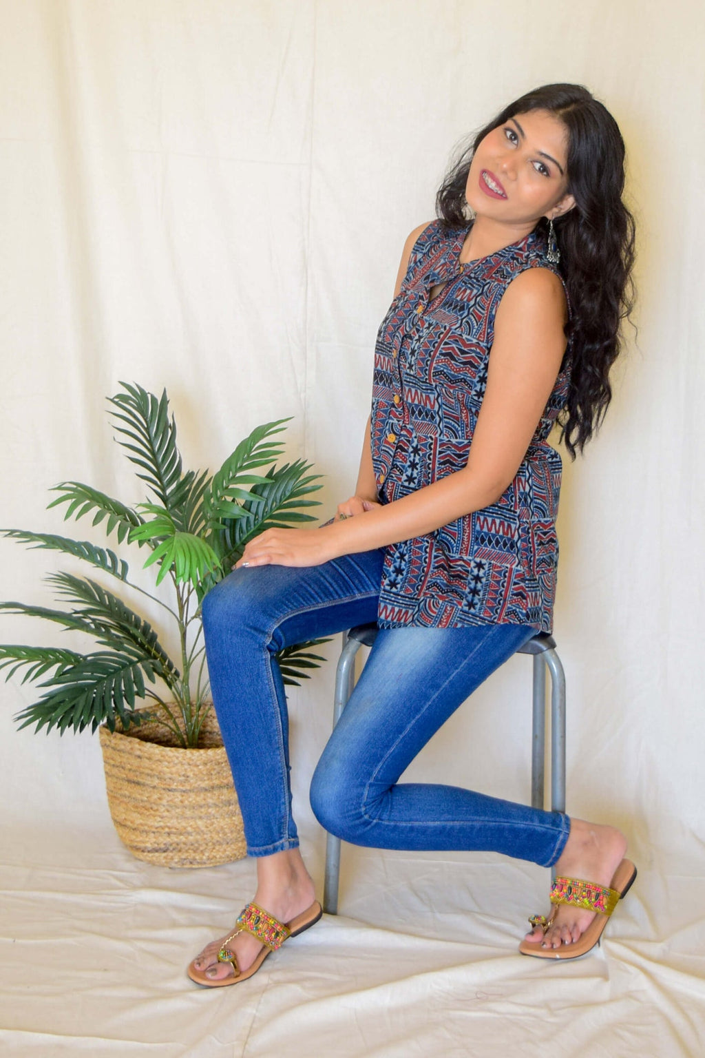 Indigo Ajrakh Cotton Sleeveless top by My Store with at Kamakhyaa for sustainable fashion