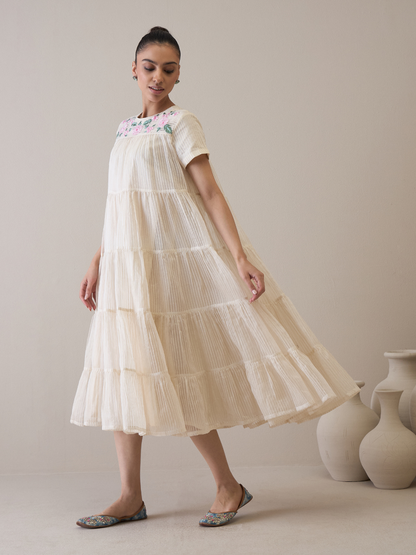 Resham Embroidered Organza Dress by RoohbyRidhimaa with Avani by RoohbyRidhimaa, Casual Wear, Handloom Silk Organza, Relaxed Fit, Resham Embroidered, Silk Organza, Tiered Dresses, Toxin free, White at Kamakhyaa for sustainable fashion