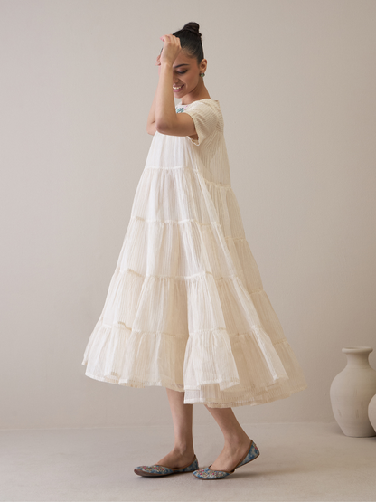 Resham Embroidered Organza Dress by RoohbyRidhimaa with Avani by RoohbyRidhimaa, Casual Wear, Handloom Silk Organza, Relaxed Fit, Resham Embroidered, Silk Organza, Tiered Dresses, Toxin free, White at Kamakhyaa for sustainable fashion