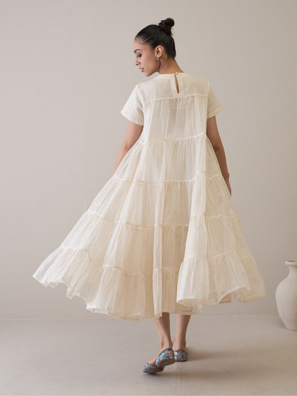 Resham Embroidered Organza Dress by RoohbyRidhimaa with Avani by RoohbyRidhimaa, Casual Wear, Handloom Silk Organza, Relaxed Fit, Resham Embroidered, Silk Organza, Tiered Dresses, Toxin free, White at Kamakhyaa for sustainable fashion