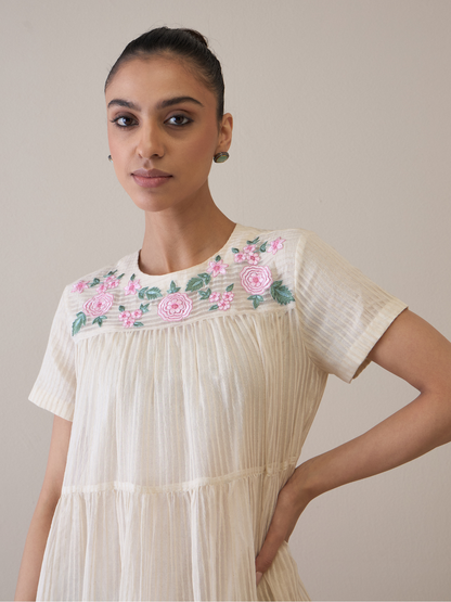 Resham Embroidered Organza Dress by RoohbyRidhimaa with Avani by RoohbyRidhimaa, Casual Wear, Handloom Silk Organza, Relaxed Fit, Resham Embroidered, Silk Organza, Tiered Dresses, Toxin free, White at Kamakhyaa for sustainable fashion