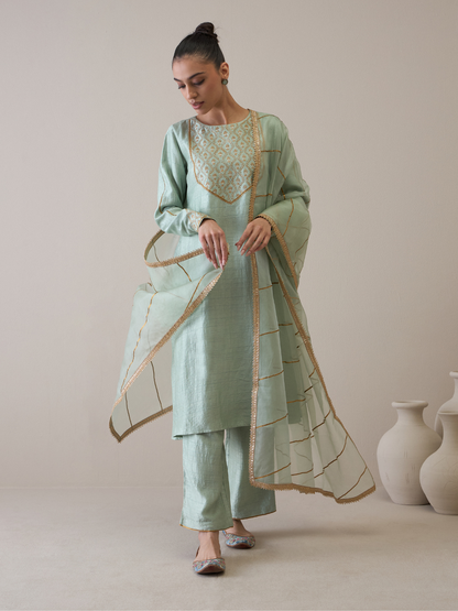 Blue Gota Embroidered A-line Kurta Set with dupatta by RoohbyRidhimaa with Avani by RoohbyRidhimaa, Blue, Festive Wear, Gotta Embroidery, Kurta Set with Dupattas, Regular Fit, Silk Organza, Toxin free, Viscose Raw Silk, Zari Embroidered at Kamakhyaa for sustainable fashion