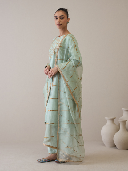 Blue Gota Embroidered A-line Kurta Set with dupatta by RoohbyRidhimaa with Avani by RoohbyRidhimaa, Blue, Festive Wear, Gotta Embroidery, Kurta Set with Dupattas, Regular Fit, Silk Organza, Toxin free, Viscose Raw Silk, Zari Embroidered at Kamakhyaa for sustainable fashion