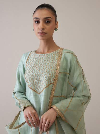 Blue Gota Embroidered A-line Kurta Set with dupatta by RoohbyRidhimaa with Avani by RoohbyRidhimaa, Blue, Festive Wear, Gotta Embroidery, Kurta Set with Dupattas, Regular Fit, Silk Organza, Toxin free, Viscose Raw Silk, Zari Embroidered at Kamakhyaa for sustainable fashion