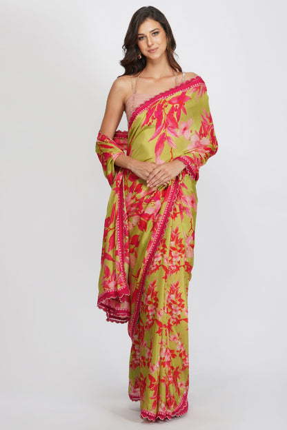 CONTRAST FLOWER PRINT SAREE by devyanimehrotra.com with at Kamakhyaa for sustainable fashion