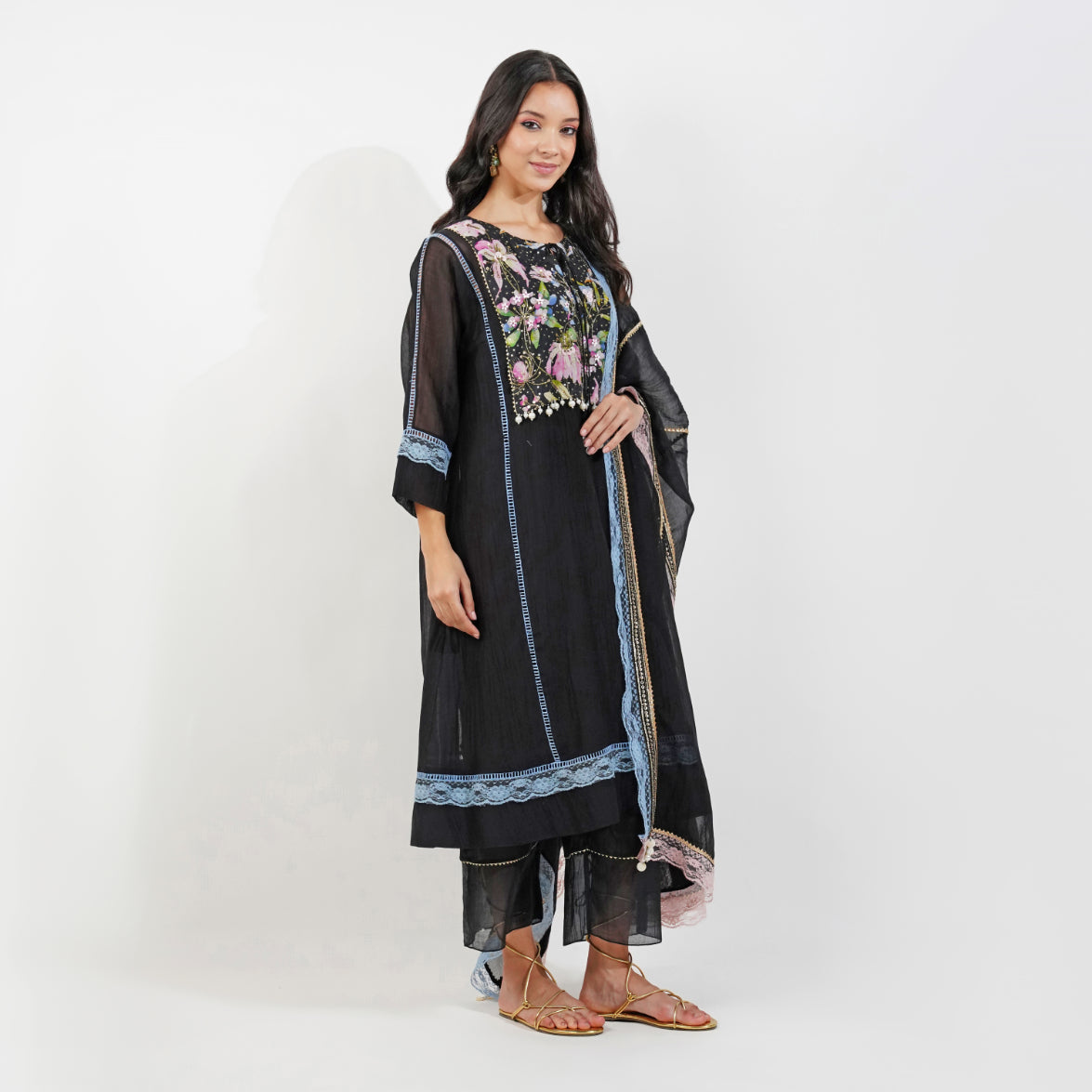 Summer Floral Panelled kurta set-Black by devyanimehrotra.com with KURTA SETS, SUMMER KURTA at Kamakhyaa for sustainable fashion