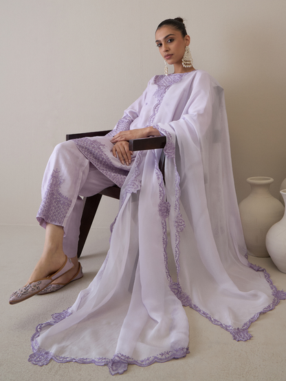 Purple Boat Neck Kurta Set with dupatta by RoohbyRidhimaa with Avani by RoohbyRidhimaa, Ethnic Wear, Kurta Set with Dupattas, Purple, Relaxed Fit, Resham Embroidered, Silk Organza, Toxin free, Viscose Raw Silk at Kamakhyaa for sustainable fashion