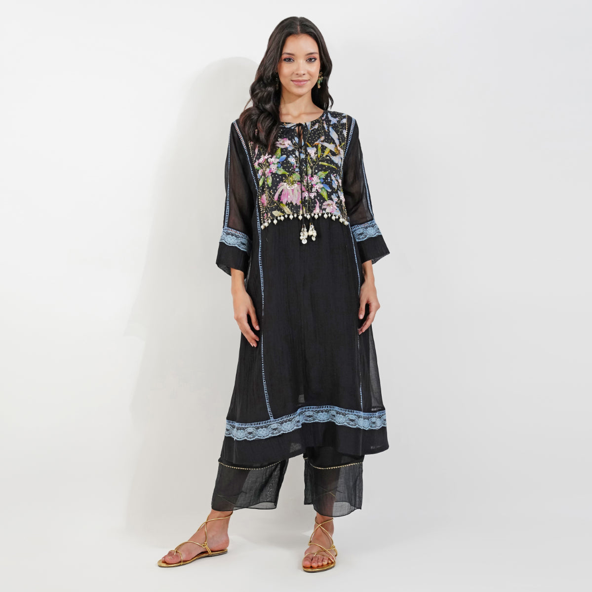 Summer Floral Panelled kurta set-Black by devyanimehrotra.com with KURTA SETS, SUMMER KURTA at Kamakhyaa for sustainable fashion