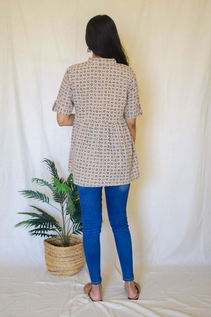 Beige Cotton Top by Hasttvam with CottonPatternCasual WearBeigeHandmade by artisans, Natural dyes, Respondible production and Vegan at Kamakhyaa for sustainable fashion