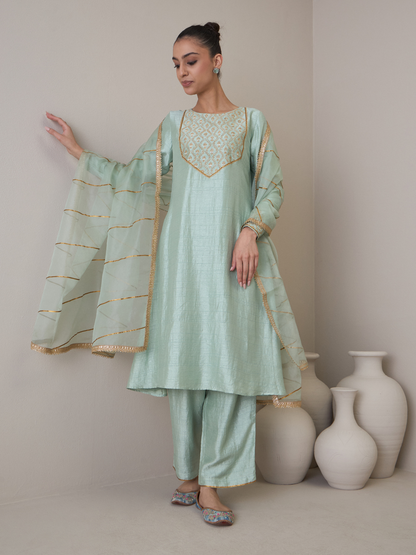 Blue Gota Embroidered A-line Kurta Set with dupatta by RoohbyRidhimaa with Avani by RoohbyRidhimaa, Blue, Festive Wear, Gotta Embroidery, Kurta Set with Dupattas, Regular Fit, Silk Organza, Toxin free, Viscose Raw Silk, Zari Embroidered at Kamakhyaa for sustainable fashion