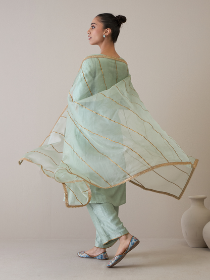 Blue Gota Embroidered A-line Kurta Set with dupatta by RoohbyRidhimaa with Avani by RoohbyRidhimaa, Blue, Festive Wear, Gotta Embroidery, Kurta Set with Dupattas, Regular Fit, Silk Organza, Toxin free, Viscose Raw Silk, Zari Embroidered at Kamakhyaa for sustainable fashion